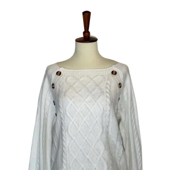 White Wide Neck Knit Pullover Sweater with Button Detail - Picture 8 of 16